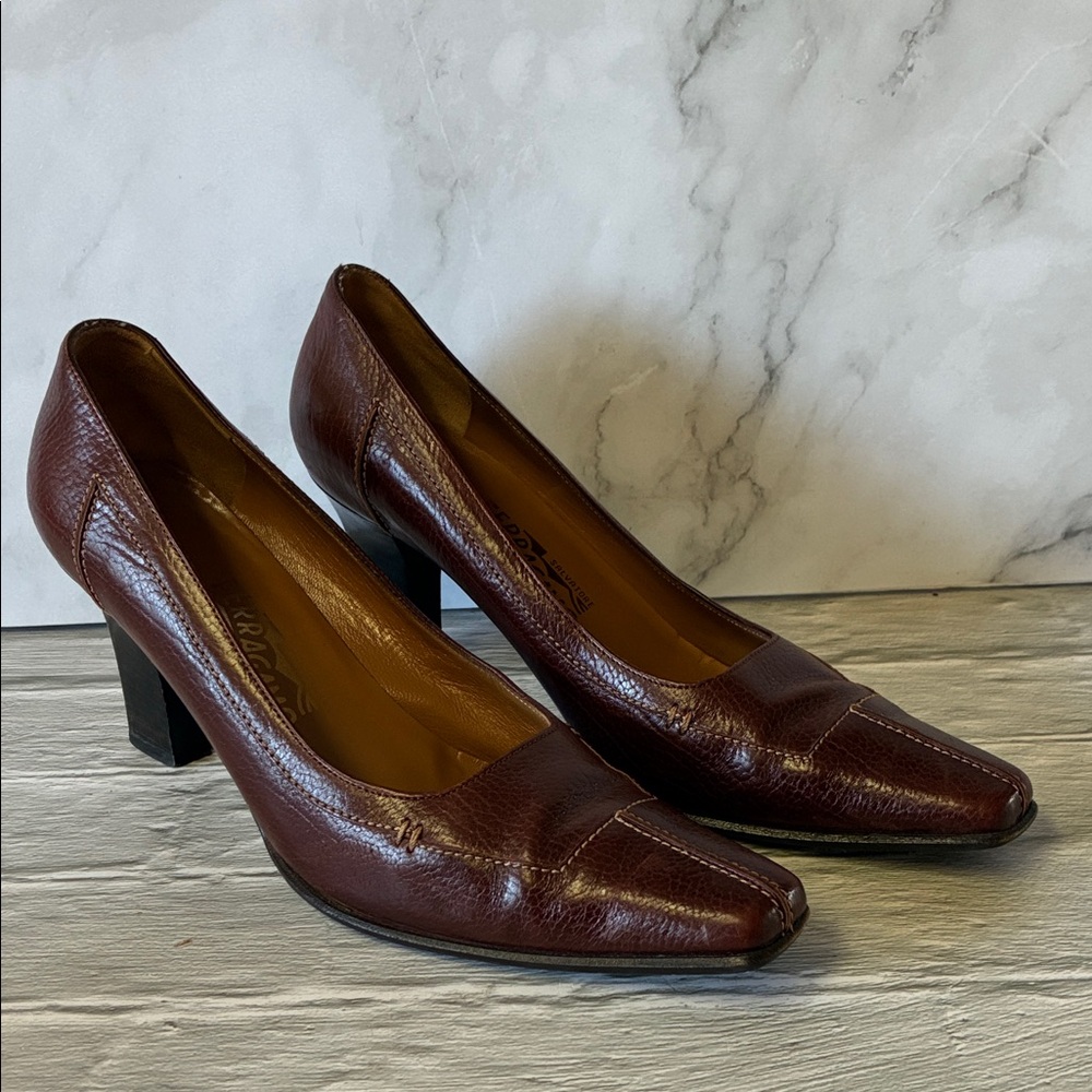 Salvatore Ferragamo Dark Brown Leather Square-Toe Block-Heel Pumps